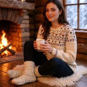 Northern Reflections Vintage 90's cream color heart motif crew neck sweater M/2X